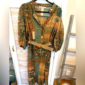 Ellison Green and Brown Patchwork Long Sleeve Dress